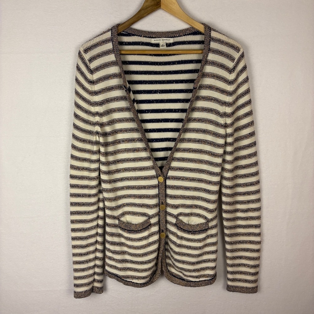 Banana Republic Navy Gold Striped Cardigan Sweater Nautical Preppy